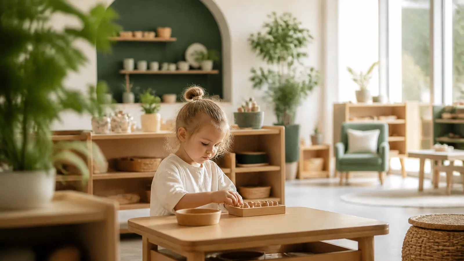 A child concentrating on a wooden Montessori activity in a natural classroom